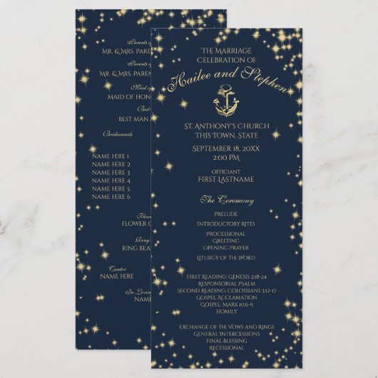 Nautisch Anker Sterrenhemel Marine Blauw en Goud Programmakaart (Voorkant / Achterkant)