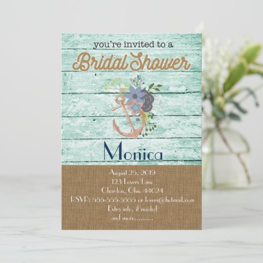 Nautisch Anker Strand Bruids Douche Uitnodiging (Staand voorkant)