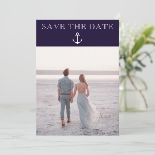 Nautisch anker strand bruiloft foto Sla de datum o Save The Date (Staand voorkant)