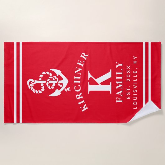 Nautisch anker strand huis familienaam rood strandlaken (Voorkant)