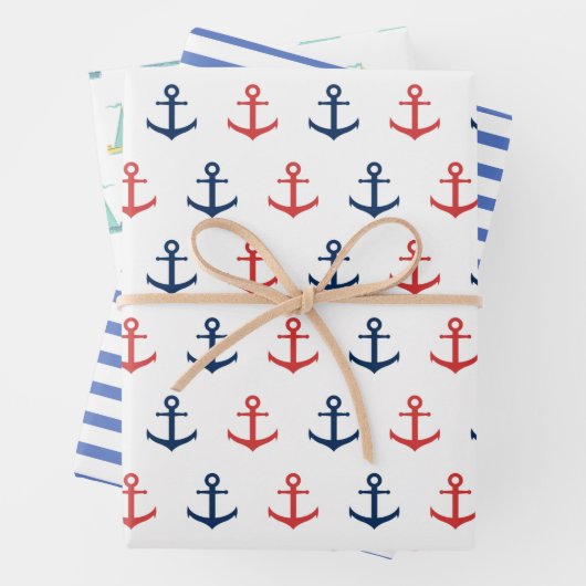 Nautisch anker, Stripes en zeilboot  Inpakpapier Vel (In situ)