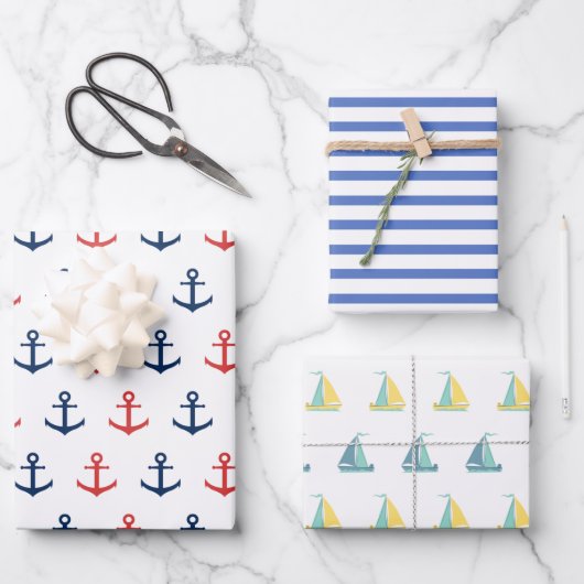 Nautisch anker, Stripes en zeilboot Inpakpapier Vel (Voorkant)