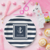 Nautisch anker touw boot naam marineblauwe gestree papieren bordje (Feest)