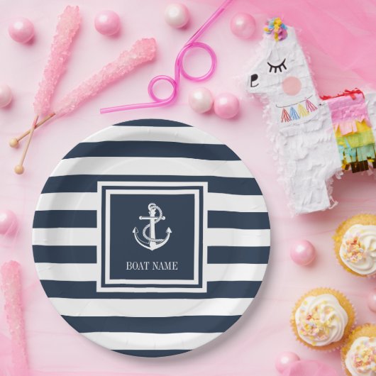 Nautisch anker touw boot naam marineblauwe gestree papieren bordje (Feest)