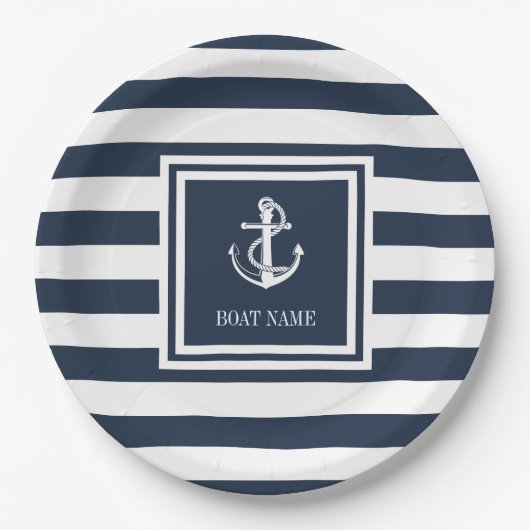 Nautisch anker touw boot naam marineblauwe gestree papieren bordje (Voorkant)