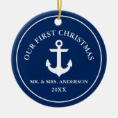 Nautisch anker voor ons eerste kerstblauw keramisch ornament (Voorkant)