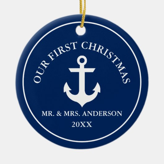 Nautisch anker voor ons eerste kerstblauw keramisch ornament (Voorkant)