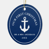 Nautisch anker voor ons eerste kerstblauw keramisch ornament (Links)
