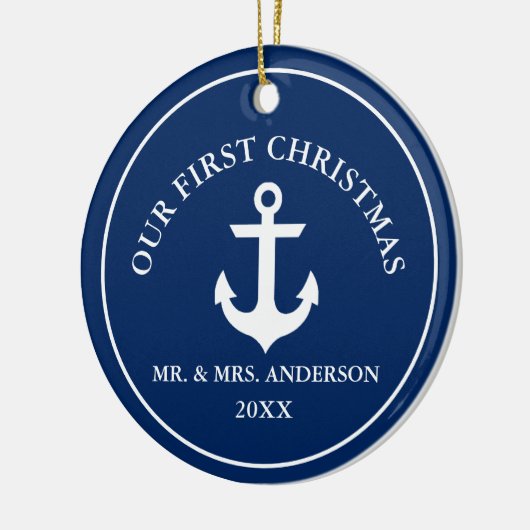 Nautisch anker voor ons eerste kerstblauw keramisch ornament (Links)