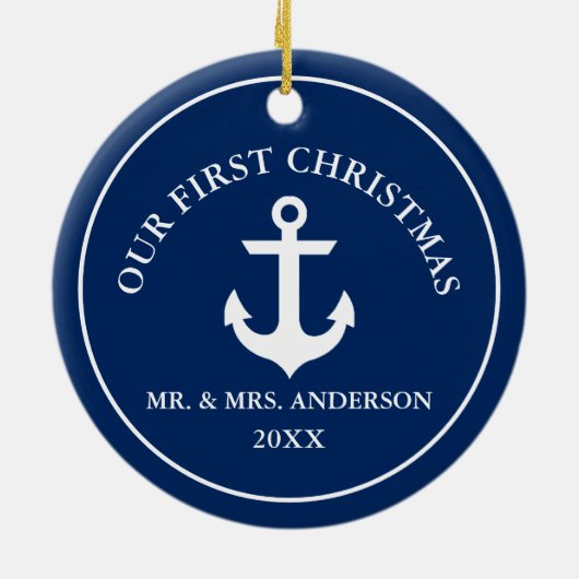 Nautisch anker voor ons eerste kerstblauw keramisch ornament (Achterkant)