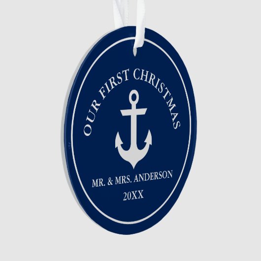 Nautisch anker voor ons eerste kerstblauw ornament (voorkant)