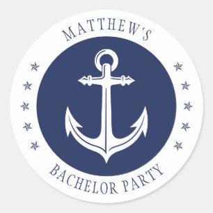 Nautisch anker vrijgezellenfeest blauw en wit ronde sticker