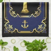 Nautisch anker/vuurtoren verguld zwart/goud/blauw theedoek (Gevouwen)