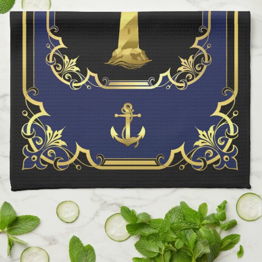 Nautisch anker/vuurtoren verguld zwart/goud/blauw theedoek (Gevouwen)