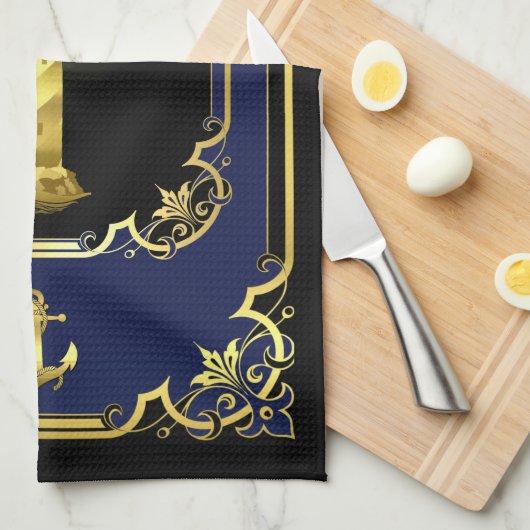 Nautisch anker/vuurtoren verguld zwart/goud/blauw theedoek (Quarter Fold)