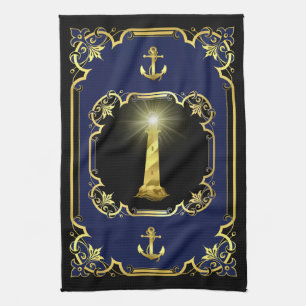 Nautisch anker/vuurtoren verguld zwart/goud/blauw theedoek