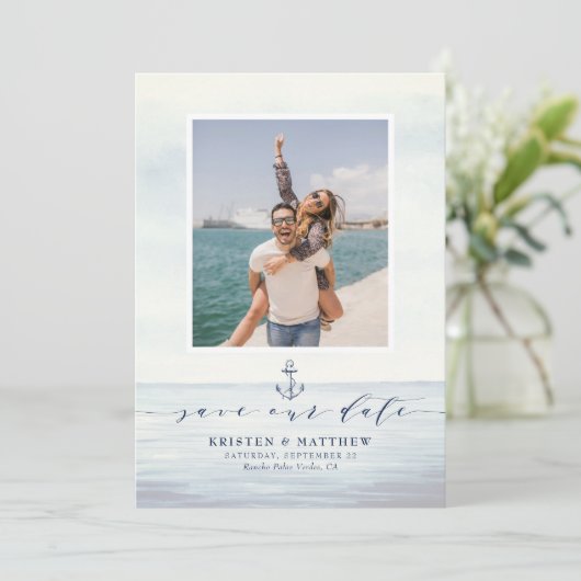 Nautisch Anker Waterverf Oceaan Scène Foto Save The Date (Staand voorkant)