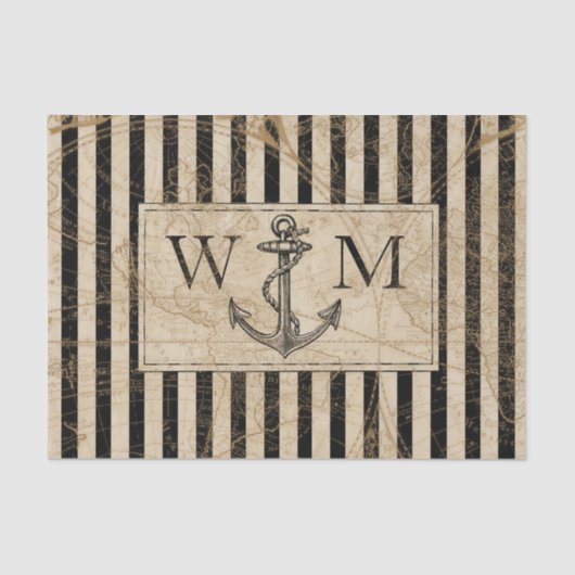 Nautisch Anker  Wereldkaart Monogram Tissuepapier (Voorkant)