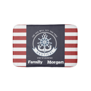 Nautisch anker, wiel, marineblauw, rode strepen badmat