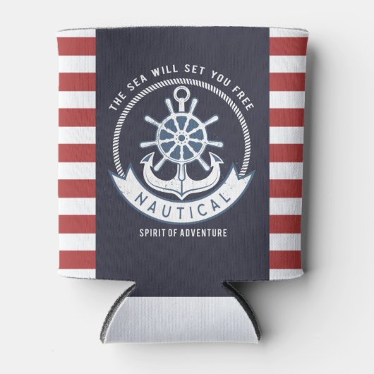 Nautisch anker, wiel, marineblauw, rode strepen blikjeskoeler (Voorkant)