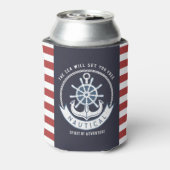 Nautisch anker, wiel, marineblauw, rode strepen blikjeskoeler (Blikje Achterkant)