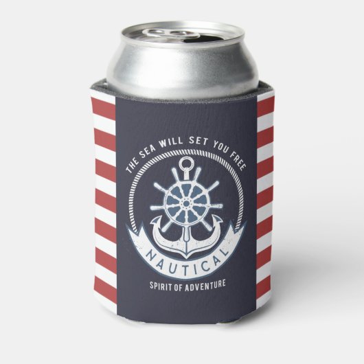 Nautisch anker, wiel, marineblauw, rode strepen blikjeskoeler (Blikje Achterkant)