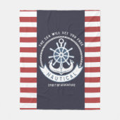 Nautisch anker, wiel, marineblauw, rode strepen fleece deken (Voorkant)