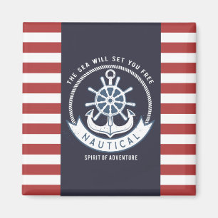 Nautisch anker, wiel, marineblauw, rode strepen magneet