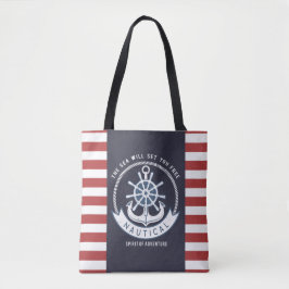 Nautisch anker, wiel, marineblauw, rode strepen tote bag