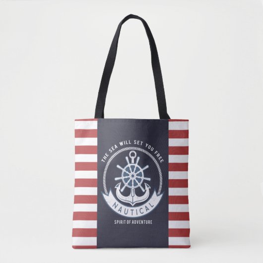 Nautisch anker, wiel, marineblauw, rode strepen tote bag (Voorkant)