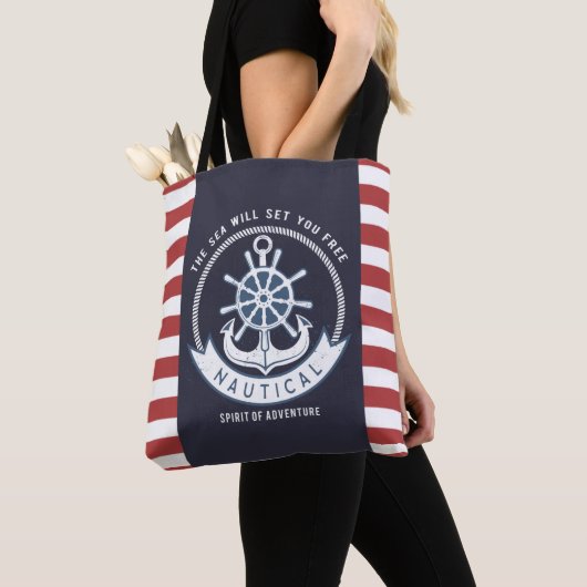 Nautisch anker, wiel, marineblauw, rode strepen tote bag (Dichtbij)