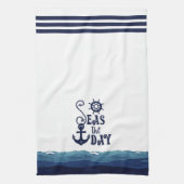 Nautisch anker ZEEEN DE DAG Navy Blauw Wit Theedoek (Verticaal)
