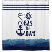 Nautisch anker ZEEEN DE DAG Waterverf Navy White Douchegordijn (Voorkant)