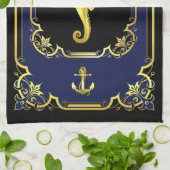 Nautisch anker/zeepaardgild zwart/goud/blauw theedoek (Gevouwen)
