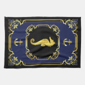 Nautisch anker/zeepaardgild zwart/goud/blauw theedoek (Horizontaal)