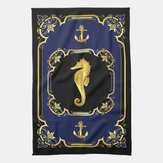 Nautisch anker/zeepaardgild zwart/goud/blauw theedoek (Verticaal)