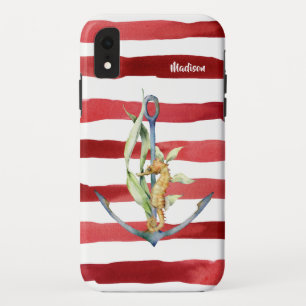Nautisch anker zeepaardje en rode strepen met naam Case-Mate iPhone case