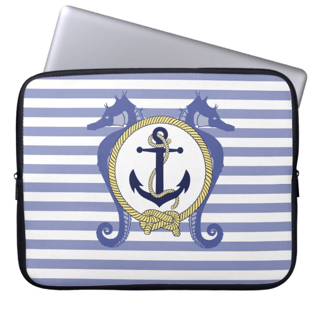 Nautisch anker/zeepaardje/knoop/strepen laptop sleeve (Voorkant)