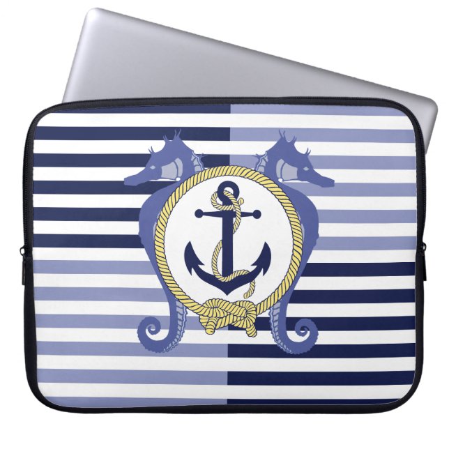 Nautisch anker/zeepaardje/knoop/strepen laptop sleeve (Voorkant)