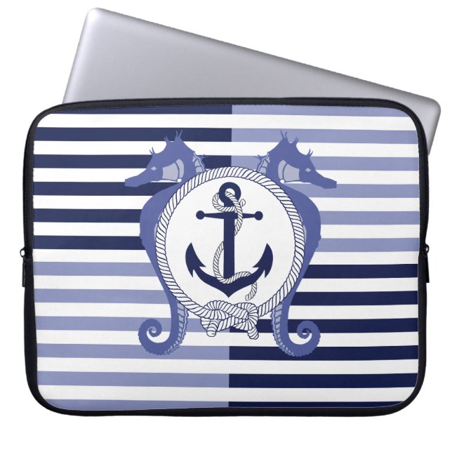 Nautisch anker/zeepaardje/knoop/strepen laptop sleeve (Voorkant)