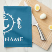 Nautisch Anker Zeepaardje Uw Bootnaam Aqua Blue Theedoek (Quarter Fold)