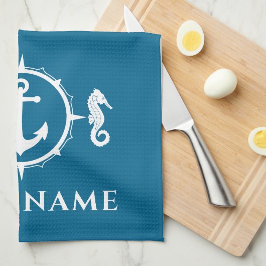 Nautisch Anker Zeepaardje Uw Bootnaam Aqua Blue Theedoek (Quarter Fold)