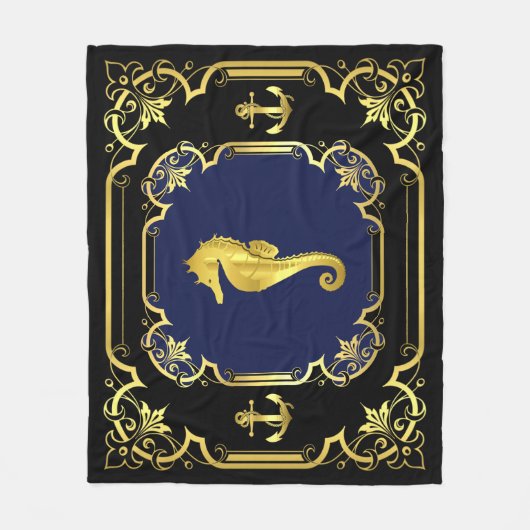 Nautisch anker/zeepaardzwart/goud/blauw fleece deken (Voorkant)