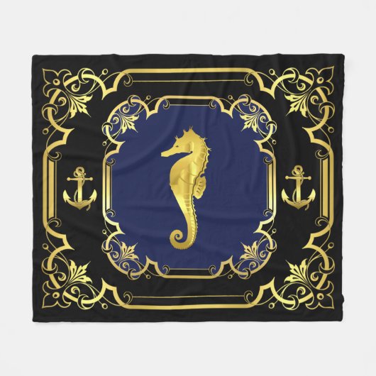 Nautisch anker/zeepaardzwart/goud/blauw fleece deken (Voorkant (Horizontaal))