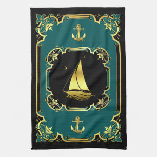 Nautisch anker/zeilboot gelooid zwart/goud/aqua theedoek