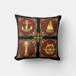Nautisch anker/zeilboot/wiel/vuurtoren goud/rood kussen