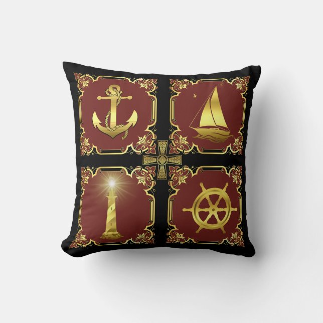 Nautisch anker/zeilboot/wiel/vuurtoren goud/rood kussen (Voorkant)
