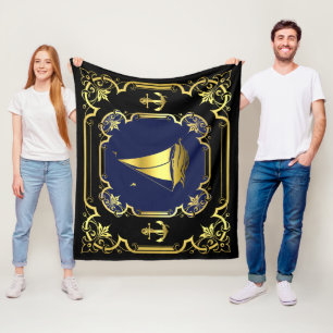 Nautisch anker/zeilboot zwart/goud/blauw fleece deken