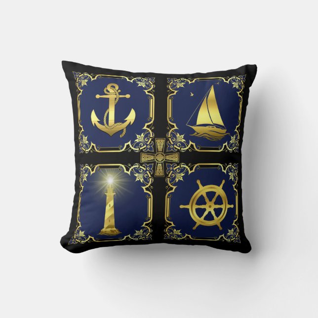 Nautisch anker/zweefboot/wiel/vuurtorengoud/blu kussen (Voorkant)