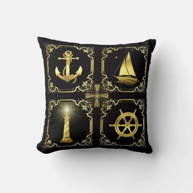 Nautisch anker/zweefboot/wiel/vuurtorengoud kussen (Voorkant)